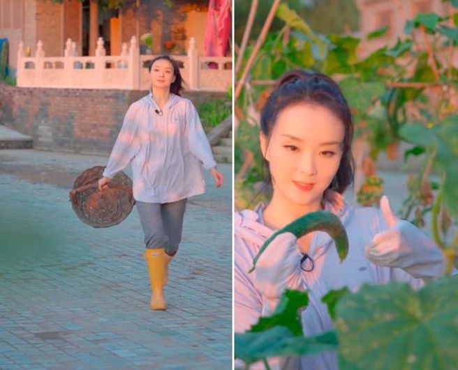 王艷到农村摘菜，穿着朴实。（图／小红书）