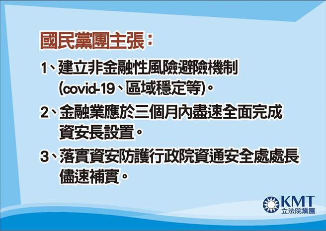 两岸紧张，近日更屡传我方政府与民间单位接续遭骇客攻击，甚至台银、兆丰金控都是被攻击对象，国内金融界与学界涌现办金融汉光演习构想，立法院国民党团今也呼应，要求蔡政府尽速举办，提升因应紧急情势能力，确保全民金融权益。（国民党团提供）