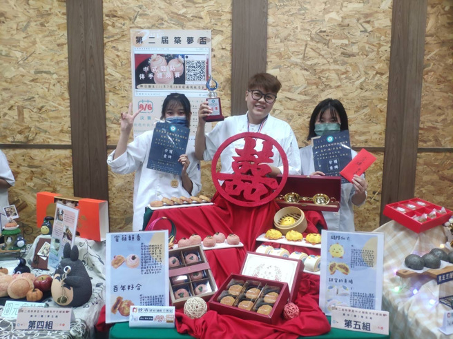 嘉药餐旅系毕业学姊蔡佩君(中)指导学妹参加比赛喜获金牌。(照片/嘉南药理大学提供)