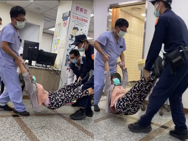 民眾在医院目击1名妇人疑似在院内闹事，遭员警与医护人员架住手脚驱离，口中还不断喊「我的咖哩咧（我要告你们）」，全被一旁等待就医的民眾拍下。（翻摄自脸书「爆废公社」）