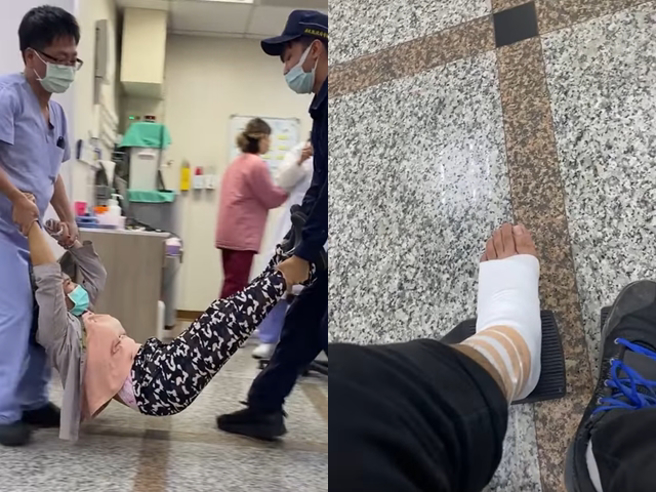 妇人在院内闹事遭员警与医护人员架住手脚驱离，该目击民眾最后还拍自己裹着纱布的脚，无奈说「我脚还很痛」让网友笑翻。（翻摄自脸书「爆废公社」）