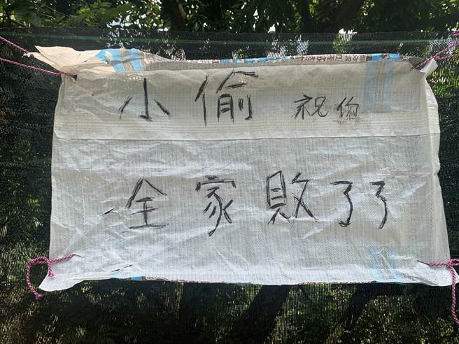 雾峰桐林山区偷採龙眼事件频传，果农特地在北坑产业道路旁悬挂各式警告标志，希望吓阻不肖民眾偷摘。（市议员李天生提供／冯惠宜台中传真）