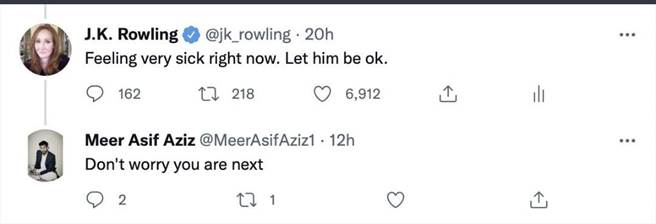 J.K.羅琳聲援魯西迪遇刺事件，遭阿濟茲威脅。（摘自J.K.羅琳推特）