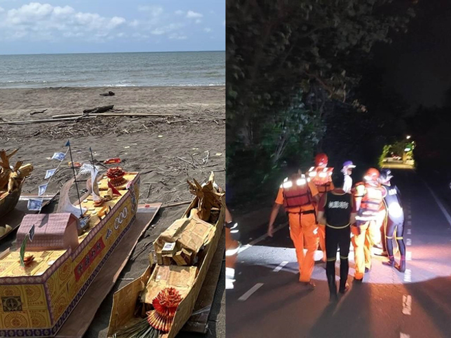 庙方举办法会，一行19需将王船送入大海中，因适逢满潮卷起大浪，大部分人自行游上岸后，最后有3人被救起送医不治，现场留有来不及推出海的王船。（记者吕筱蝉摄、消防局提供）