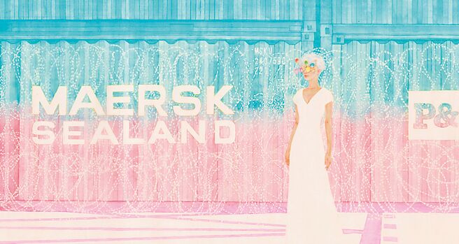 许维颖彩、墨、云母粉、绢作品「Check into Bankok container wall」。图／大象艺术空间馆提供