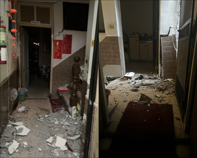 高雄市前金区一处工地14日下午塌陷，导致周边的7栋民宅倾斜，民宅内部成断垣残壁，满地瓦砾。 （民眾提供／杨舒婷高雄传真）