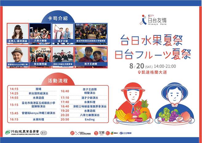 农委会表示，为让消费者一次满足，本次活动邀请果树产地农民团体及跨境电商业者共襄盛举，以及现场还有精彩丰富的台日音乐表演，邀请民眾体验35摊台日限定水果、夏日祭典小游戏及7组台日艺人表演。（农粮署提供）