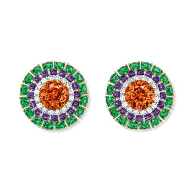 海瑞温斯顿Winston Candy系列橘色锰铝榴石耳环，主石为两颗8.08克拉橘色锰铝榴石。（Harry Winston提供）
