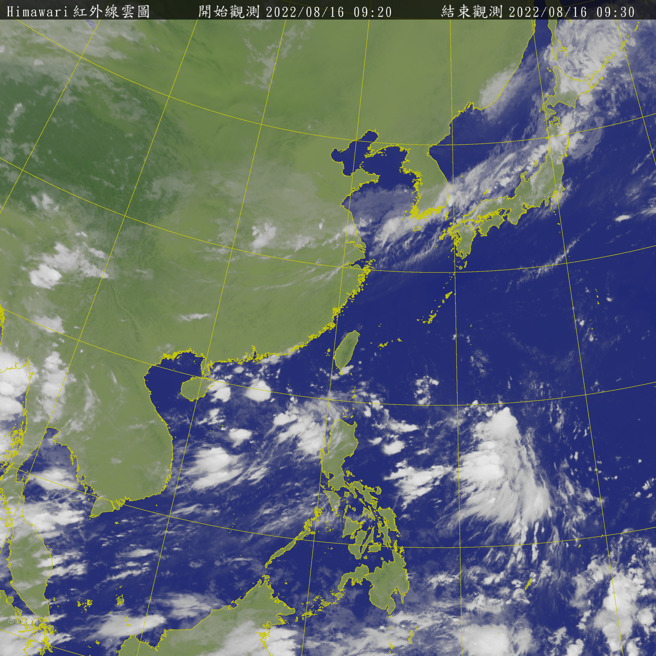 今年至今无颱风侵袭台湾，气象专家贾欣兴表示今年成为史上最晚首颱风警报坐二望一。图为卫星云图。(翻摄自气象局)