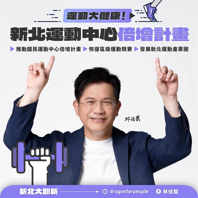 民進黨新北市長參選人林佳龍在臉書拋出新北運動中心倍增政策，如當選會成立「運動局」來整合各項資源。（擷取自林佳龍臉書）