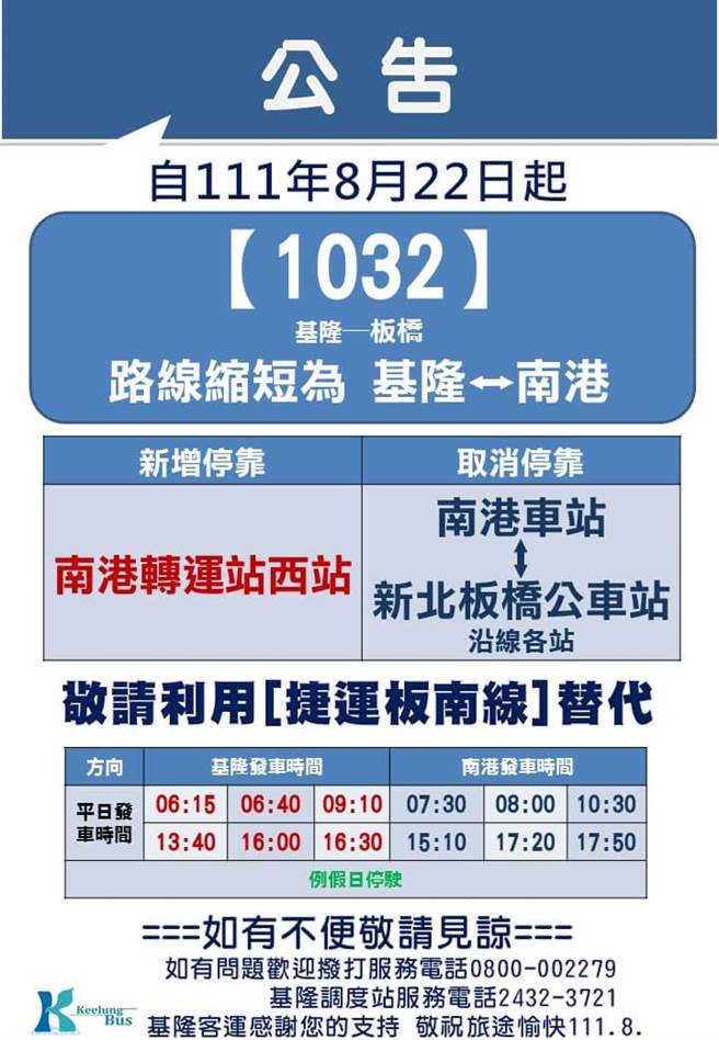 1032路线客运22日起缩短站点。（议员蔡旺琏提供／陈彩玲基隆传真）