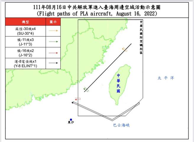 中共机舰进台海周边活动示意图。国防部提供