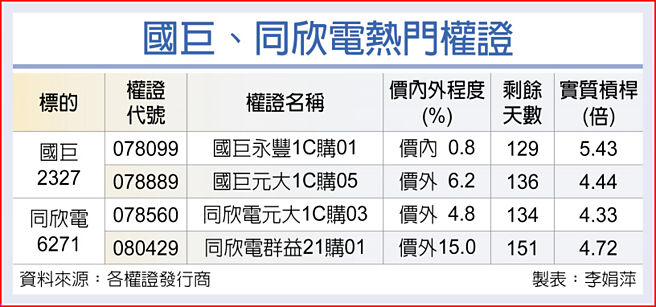 國巨、同欣電熱門權證