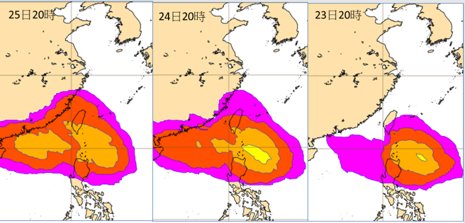 最新(16日20时)欧洲(ECMWF)系集模式，由右至左为23日至25日的模拟图显示，在台湾东南方有「热带扰动」活动，往巴士海峡靠近，越来越接近台湾，不确定性范围大。(翻摄自「三立准气象· 老大泄天机」)

