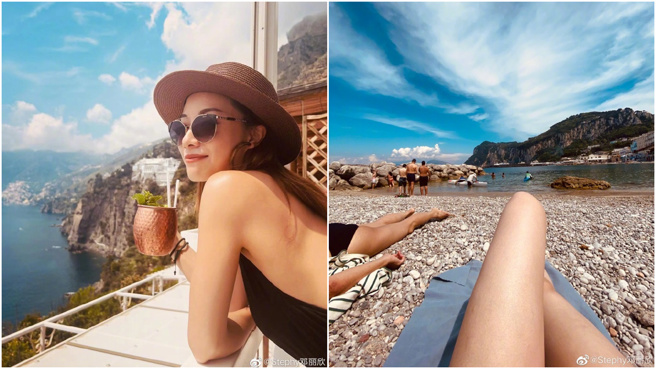 邓丽欣晒旅游辣照，长腿与美背令人羡慕不已。(图/邓丽欣 微博)