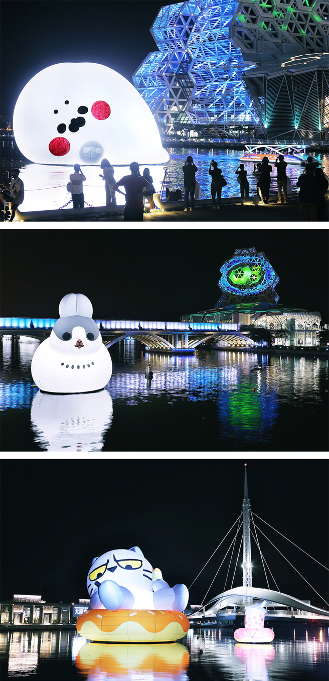 「无所事事小海豹」、「ㄇㄚˊ几兔」、「猫爪抓」、「PP mini 小小企鹅」、「塔仔不正经」和「豆卡频道」等贴图角色现身爱河湾，夜晚点灯后更加显眼。(摄影/Carter)