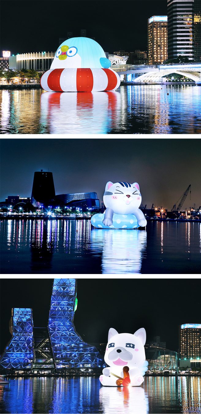 「无所事事小海豹」、「ㄇㄚˊ几兔」、「猫爪抓」、「PP mini 小小企鹅」、「塔仔不正经」和「豆卡频道」等贴图角色现身爱河湾，夜晚点灯后更加显眼。(摄影/Carter)