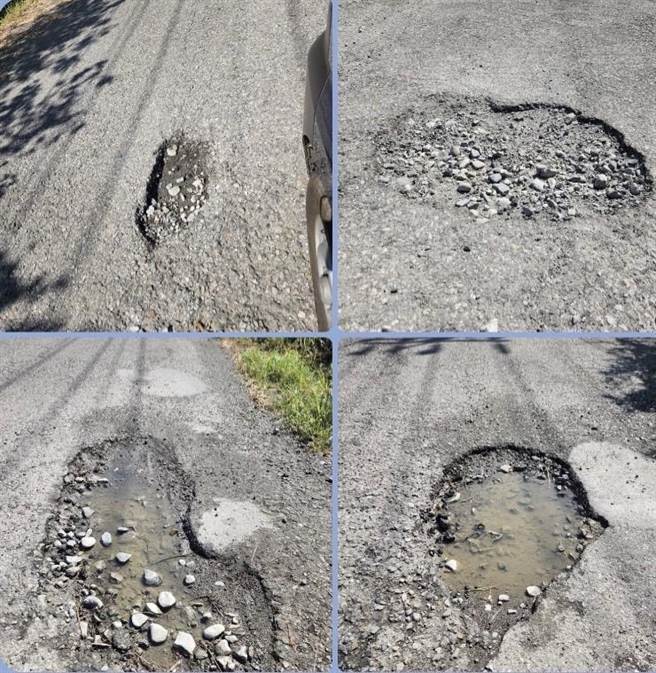 苗栗县泰安乡南三村大安部落通往梅象大桥间的大安溪堤外便道路面出现许多坑洞。（大湖警分局提供／谢明俊苗栗传真）