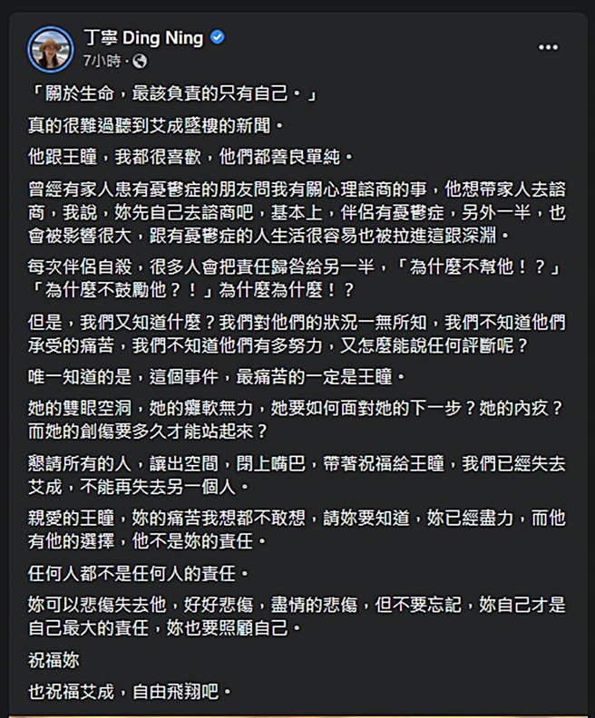 丁寧發文。（圖／翻攝自丁寧 Ding Ning臉書）
