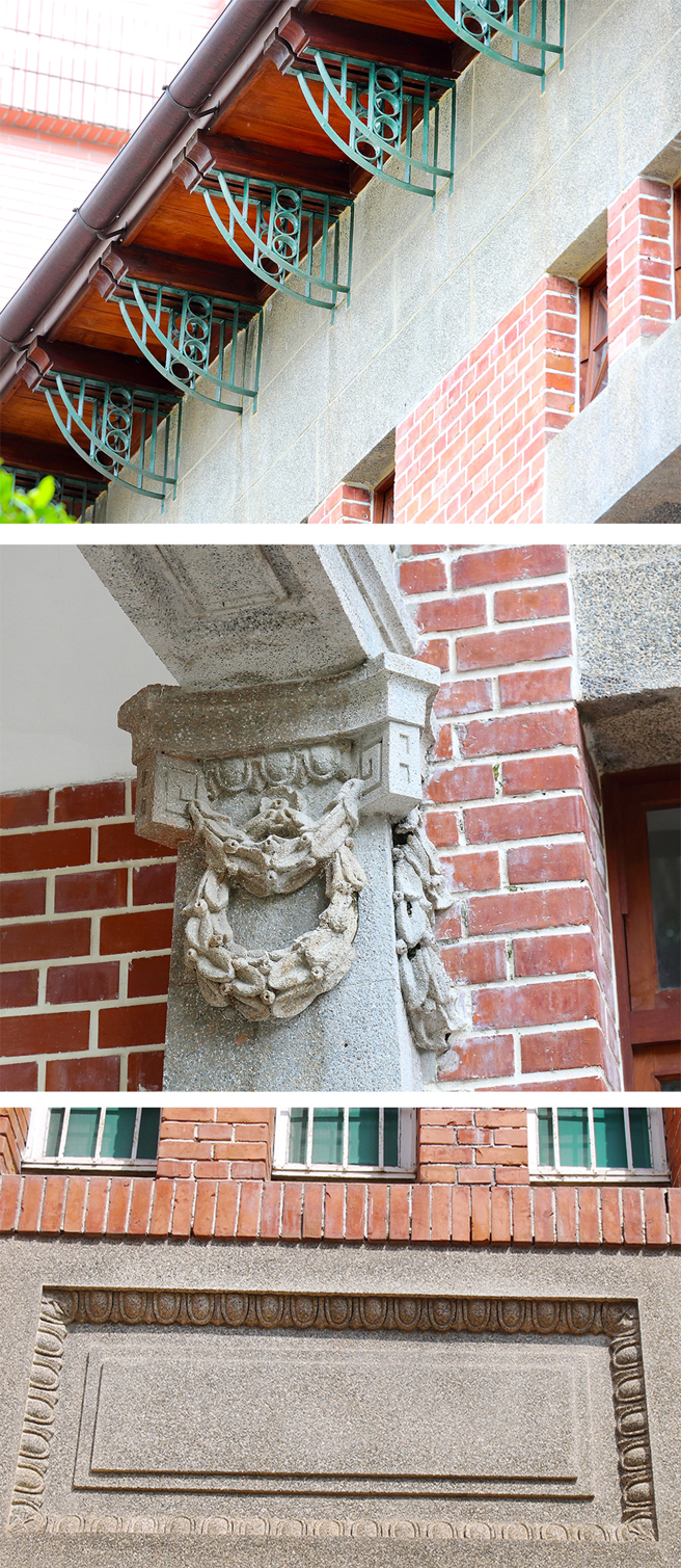 铸铁双拖架(上)、1楼入口门廊门柱变形爱奥尼克式柱头(中)及1、2楼间蛋镖饰洗石子堵(下)，都是参观原爱国妇人会馆时不容错过的细节。(上、中图-摄影/Carter；下图-图片提供/高雄市政府文化局 )