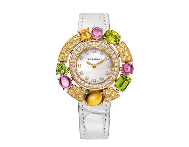 寶格麗Allegra系列黃色剛玉珠寶腕表，約87萬元。（BVLGARI提供）