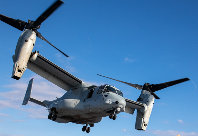 美國海軍陸戰隊的MV-22B「魚鷹」（Osprey）傾轉旋翼機。（美國海軍）