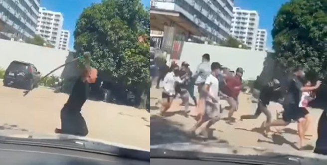 近60人從柬埔寨某賭場逃出，後面還有拿棍棒的保全追捕。（圖／擷取自柬中時報FB）
