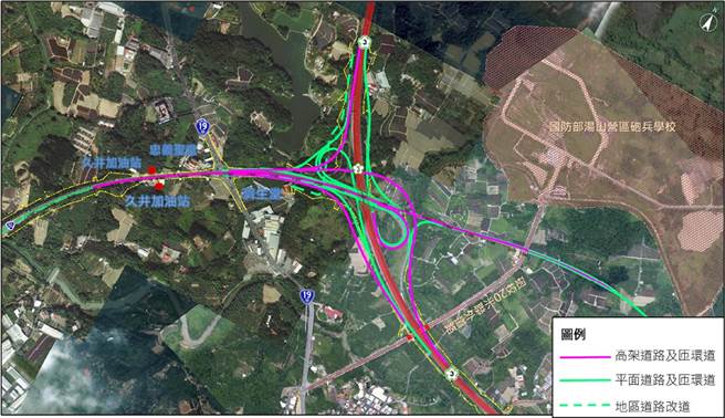 「台86线跨越台19甲线系统衔接国道3号」计画高架化路线图。（市府工务局提供／洪荣志台南传真）