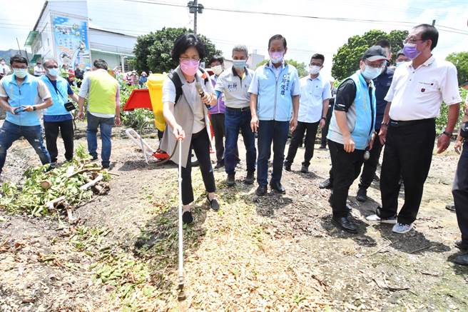 彰化县府农业处19日在社头乡朝兴国小校门口办理番石榴枝条分解菌示范观摩会，县长王惠美亲自示范操作的方法。（吴敏菁摄）