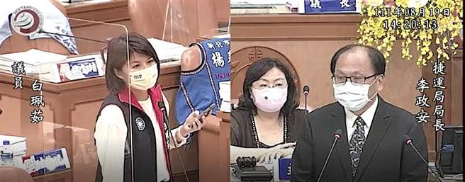 針對汐東線核定問題，國民黨新北市議員白珮茹在議會質詢新北市捷運局長李政安。（擷取自議會直播）