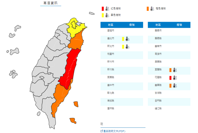 氣象局明日針對5縣市發布高溫資訊，花蓮、台東有機會出現38度高溫。（圖／截取自氣象局官網）