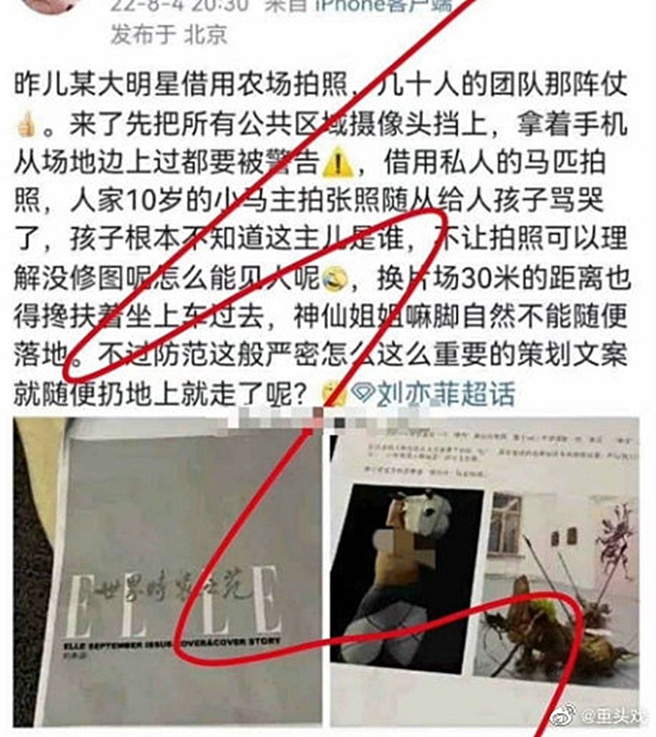 网传工作人员抱怨刘亦菲耍大牌。（图／取自新浪娱乐）