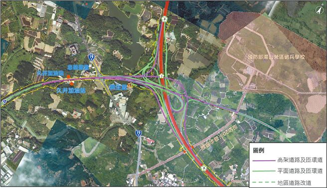 「台86线跨越台19甲线系统衔接国道3号」计画高架化路线图。（市府工务局提供／洪荣志台南传真）