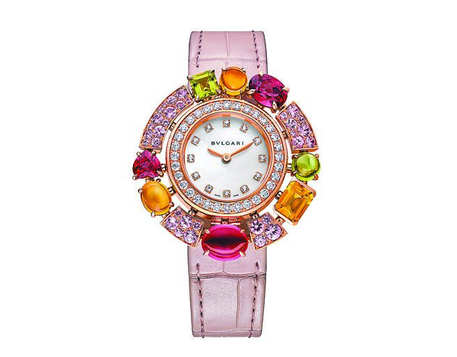 宝格丽Allegra系列粉红刚玉珠宝腕表，约87万元。（BVLGARI提供）