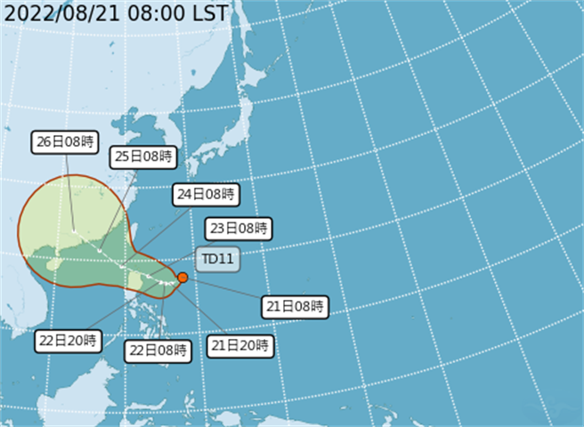 据气象局最新资料显示，今(21)日上午8时TD11的中心位置在北纬17.6度，东经128.0度，以每小时12公里速度向西南进行，近中心最大风速每秒12公尺，瞬间最大阵风每秒20公尺。（取自气象局）