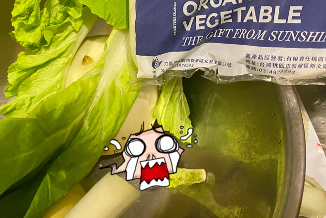 1名女網友在全聯買了1袋有機蔬菜，打開後竟出現1整隻「蟾蜍」當場嚇壞，發文說以後撥開青菜都會有陰影了。（翻攝自臉書社團「我愛全聯-好物老實説」）