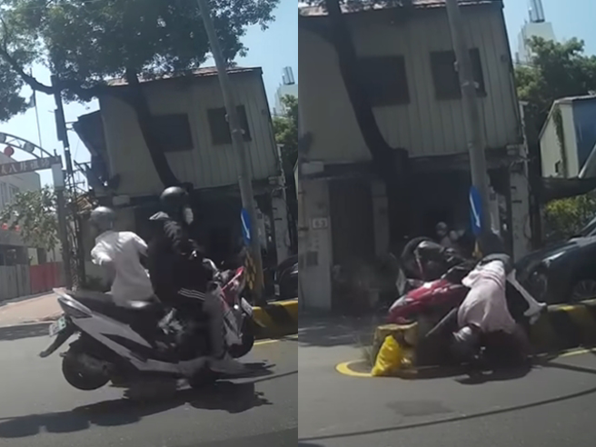 台南外送員在某路口高速闖紅燈，直接撞上綠燈直行的機車，2車均遭撞飛倒地，目擊整起事件的民眾崩潰大喊「衝X毀啦！你到底在幹嘛啊」。（翻攝自YouTube頻道「WoWtchout地圖型行車影像分享平台」）