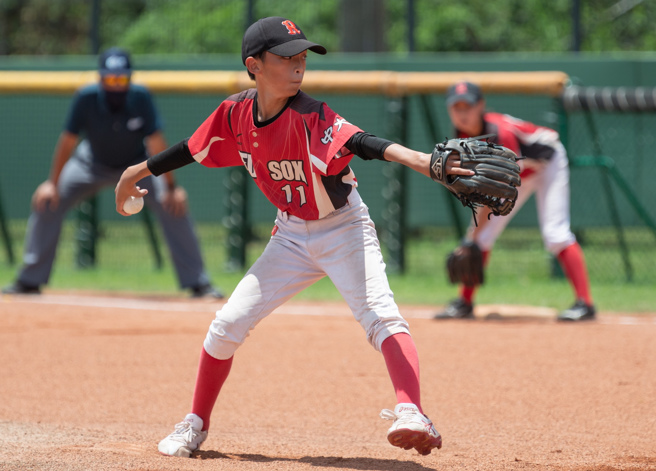 中大红袜先发投手冯秉凡4局无失分。（台湾世界少棒联盟提供）