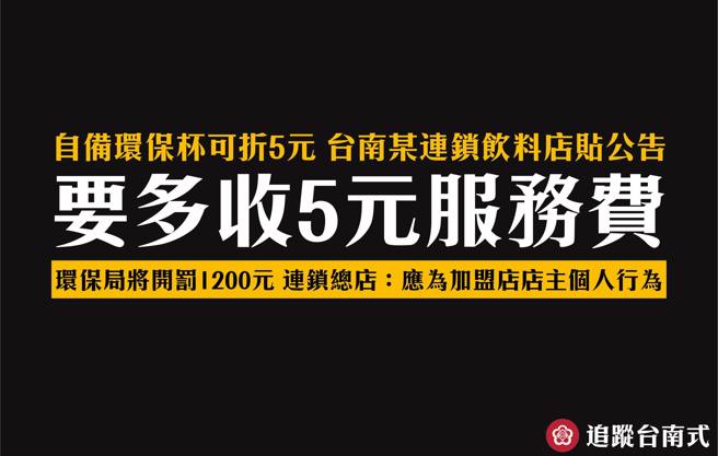台南臉書社團揭露台南某飲料店自備環保杯加收5元服務費一事。(翻攝自台南式臉書)
