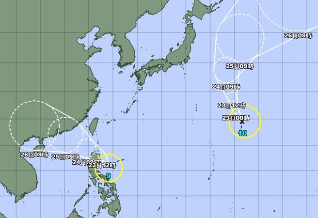 目前太平洋海面上有2个颱风。(翻摄自日本气象厅)