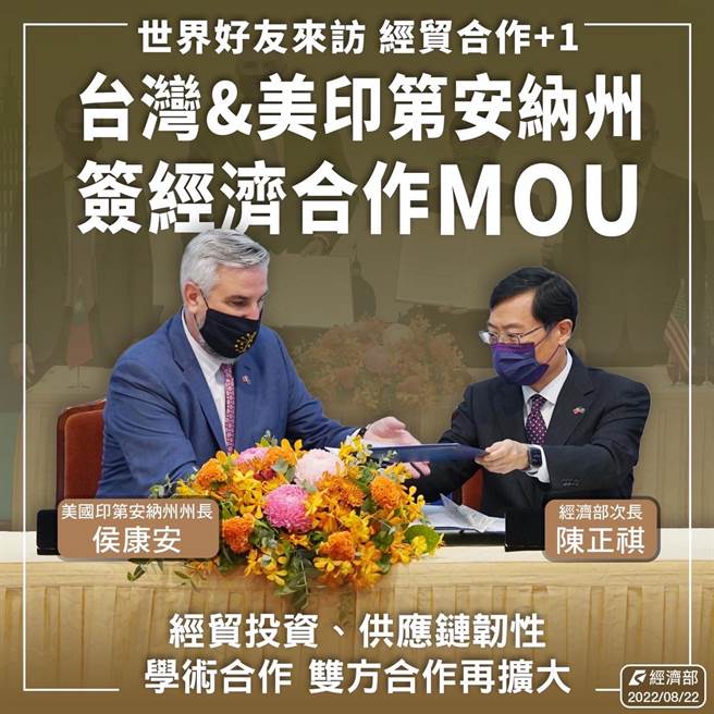 台湾与印第安纳共同签署「经济合作及贸易关系瞭解备忘录（MOU）」。（外交部提供）
