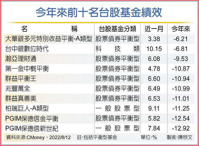 今年来前十名台股基金绩效