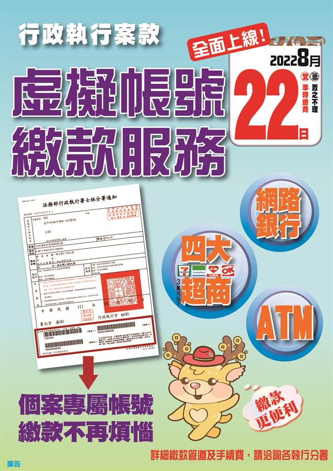 20万以下小额案件 行政执行署全国实施虚拟帐号缴款（执行署提供）