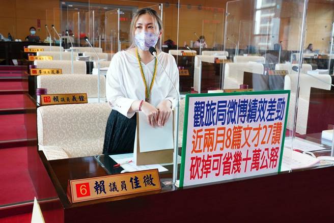 台中市议员拿出大玩台中微博经营数据批观旅局浪费公帑。（赖佳微办公室提供／张亦惠台中传真）