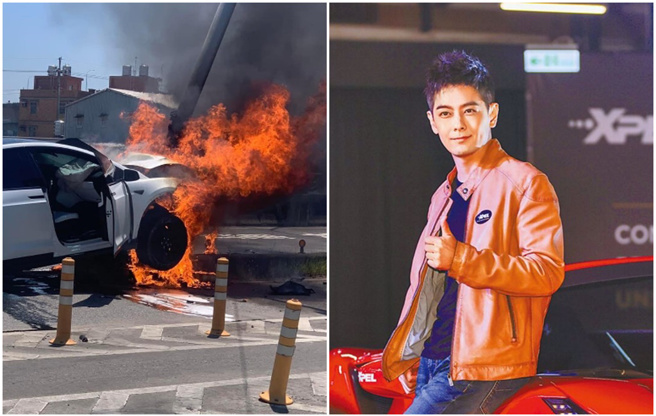 林志颖上月自撞，特斯拉成为火球。（图／翻摄记者爆料网；中时新闻网）