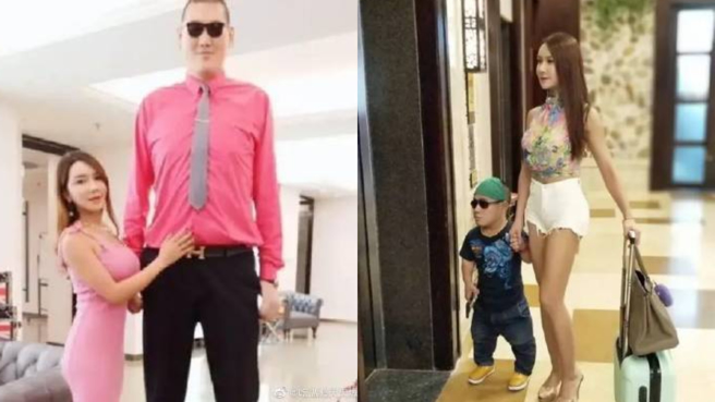 龚玥菲先后交往过侏儒症不知名男性、和238cm的男友张欢。(图/微博)