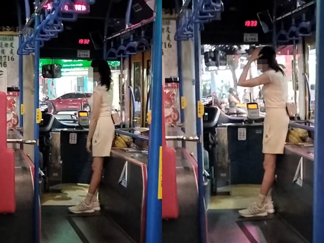 台中1名女子昨（23）日搭乘公车时，疑似坚持「要从后门上车」，司机员把车开到她的正前方「开前门」，她上车后暴怒呛司机「我不能从后门上吗」。（翻摄自脸书「爆料公社(官方粉专专属)」）