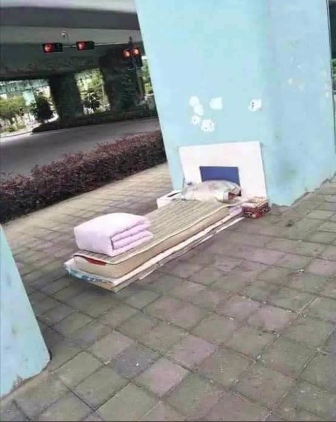 男在桥底下看见街友的棉被整齐如「豆乾状」，不禁讚嘆「全台最有纪律的街友」。（翻摄自脸书爆废公社）