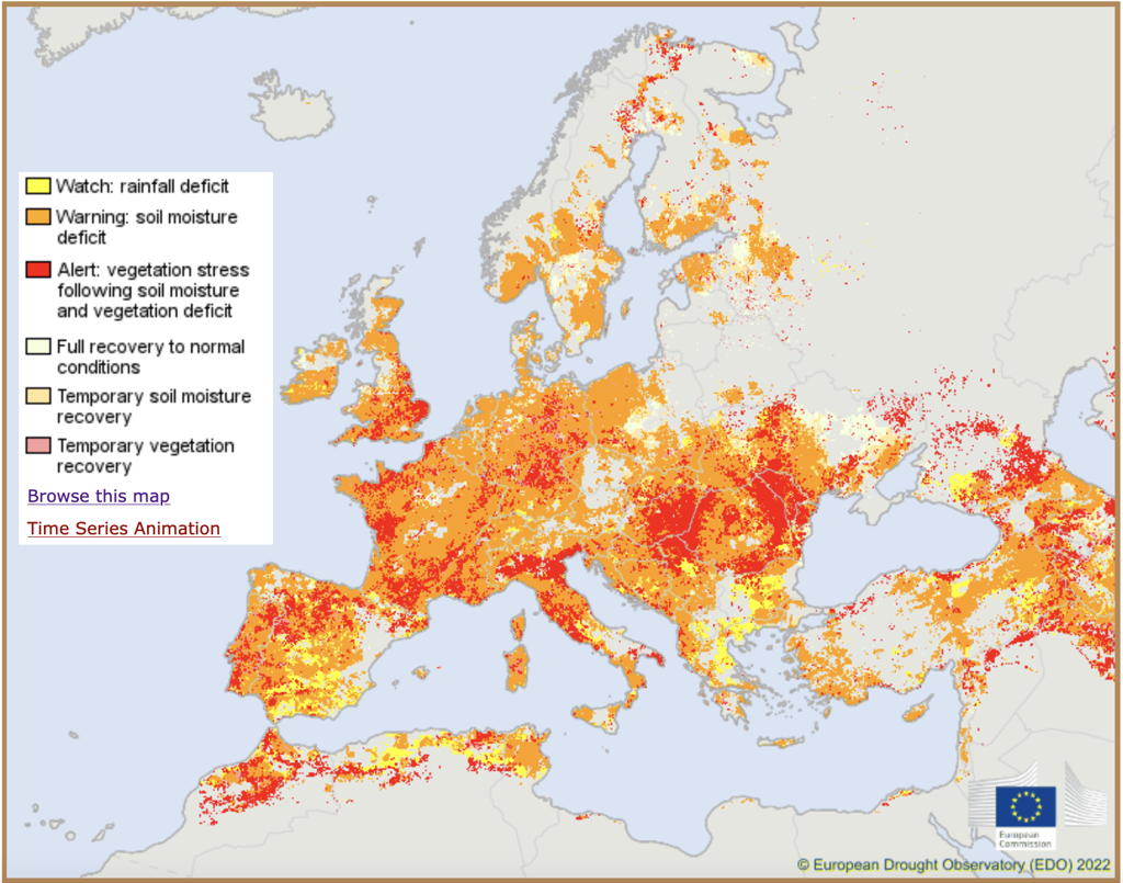 欧盟执委会干旱监测站（EDO）所公布的资料显示，欧盟正面临500年来最严重的一次干旱。(EDO）(photo:ChinaTimes)