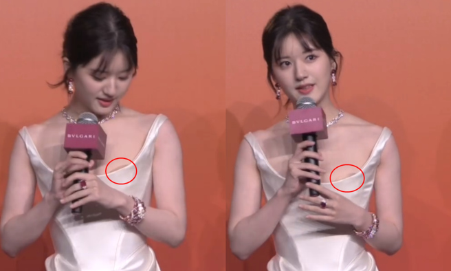 趙露思的禮服疑似太過低胸意外走光。（圖／微博@小兵閻炎 ）